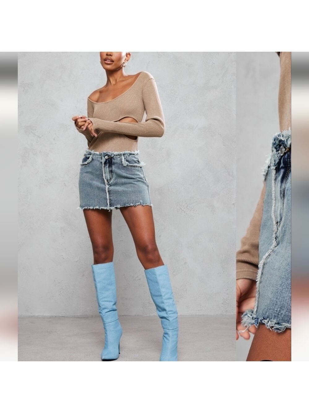 NWT PrettyLittleThing Frayed Detail Denim Skirt-Vintage Wash